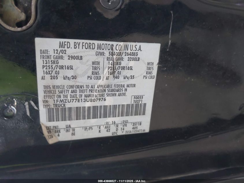 2003 Ford Explorer Sport Trac Xls/Xlt VIN: 1FMZU77E13UB07976 Lot: 43666527