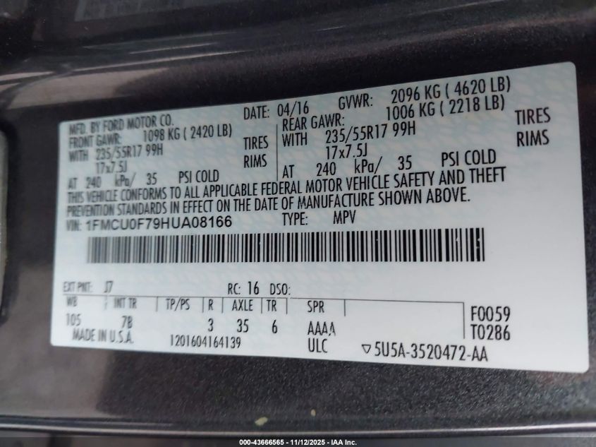 2017 Ford Escape S VIN: 1FMCU0F79HUA08166 Lot: 43666565