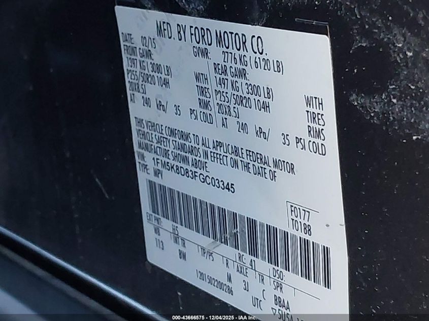 2015 Ford Explorer Xlt VIN: 1FM5K8D83FGC03345 Lot: 43666575