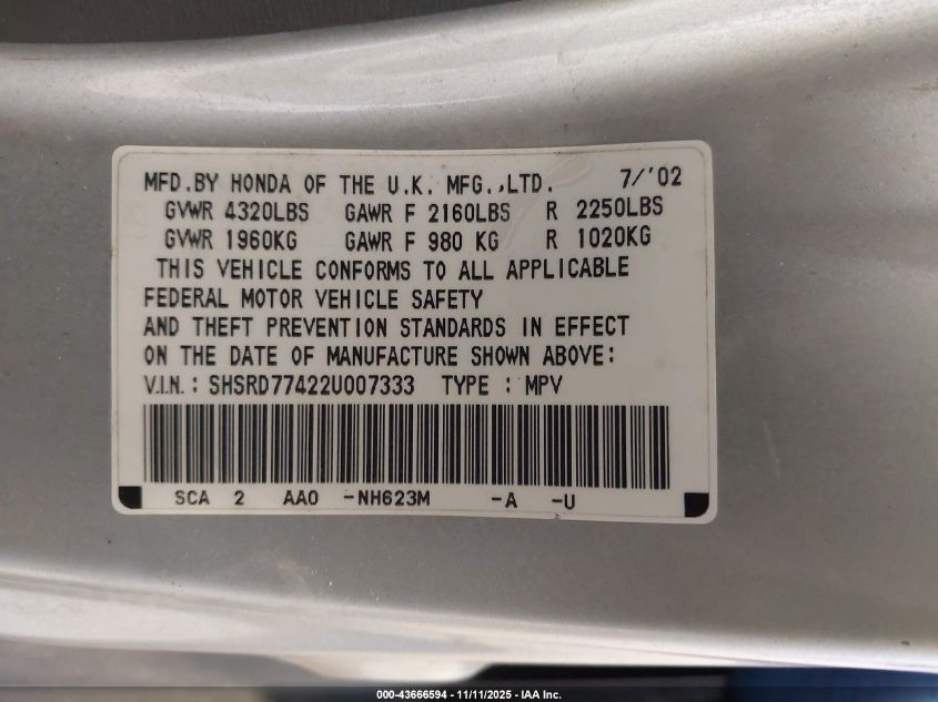 2002 Honda Cr-V Lx VIN: SHSRD77422U007333 Lot: 43666594