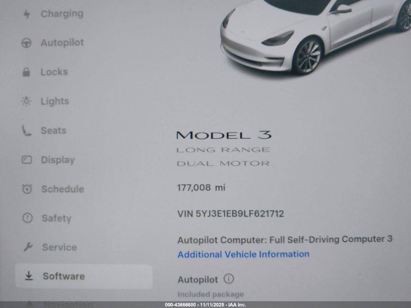 2020 Tesla Model 3 Long Range Dual Motor All-Wheel Drive VIN: 5YJ3E1EB9LF621712 Lot: 43666600