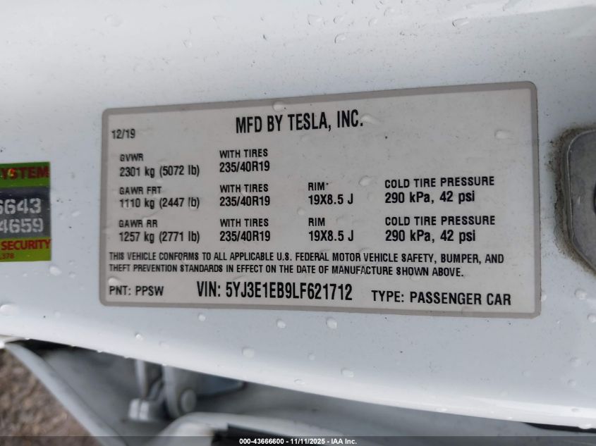 2020 Tesla Model 3 Long Range Dual Motor All-Wheel Drive VIN: 5YJ3E1EB9LF621712 Lot: 43666600