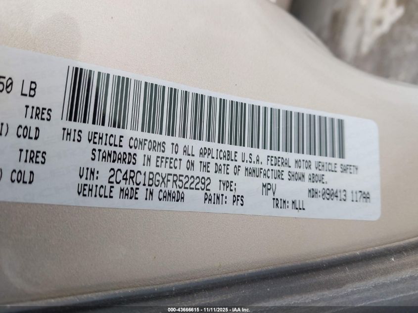 2015 Chrysler Town & Country Touring VIN: 2C4RC1BGXFR522292 Lot: 43666615