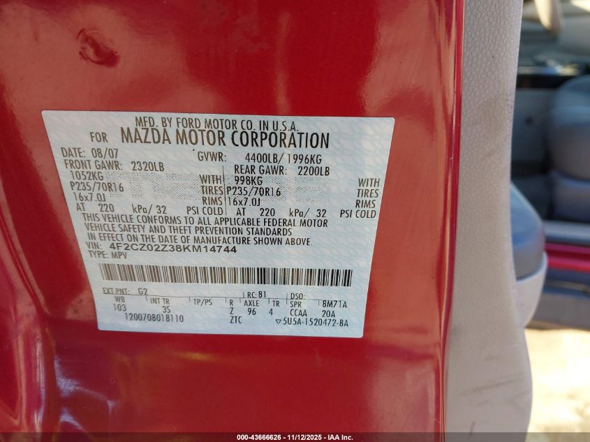 2008 Mazda Tribute I Sport VIN: 4F2CZ02Z38KM14744 Lot: 43666626