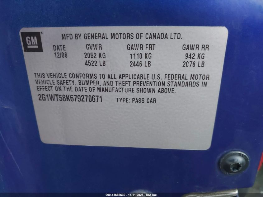 2007 Chevrolet Impala Lt VIN: 2G1WT58K679270671 Lot: 43666630