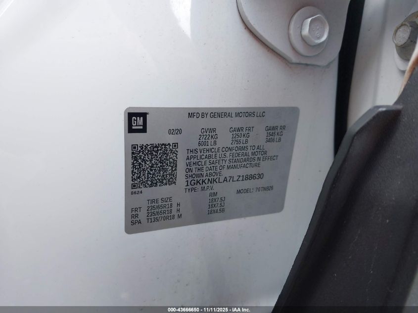 2020 GMC Acadia Fwd Sle VIN: 1GKKNKLA7LZ188630 Lot: 43666650