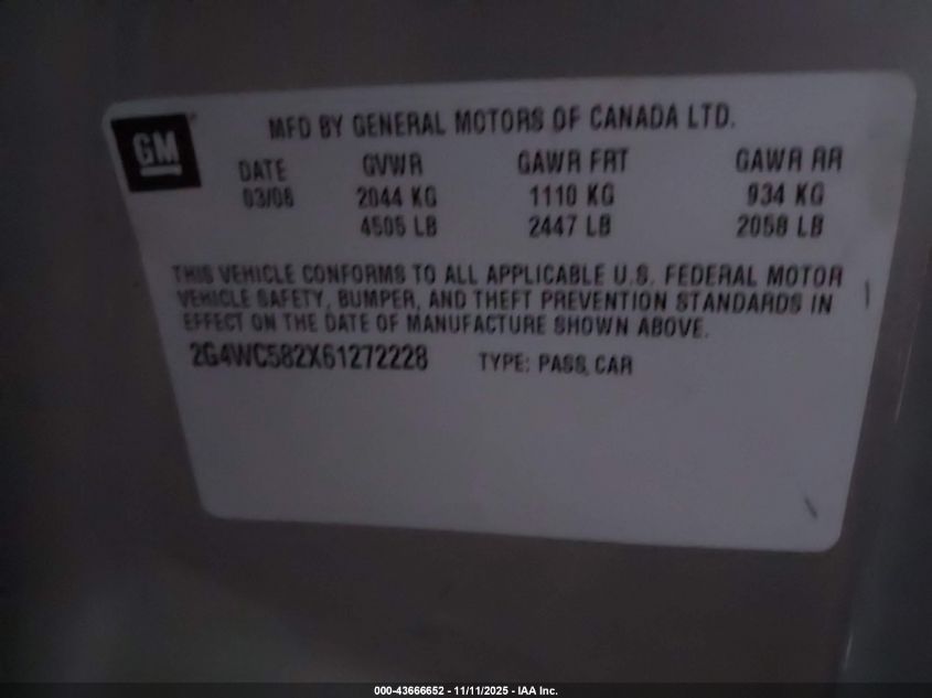 2006 Buick Lacrosse Cx VIN: 2G4WC582X61272228 Lot: 43666652