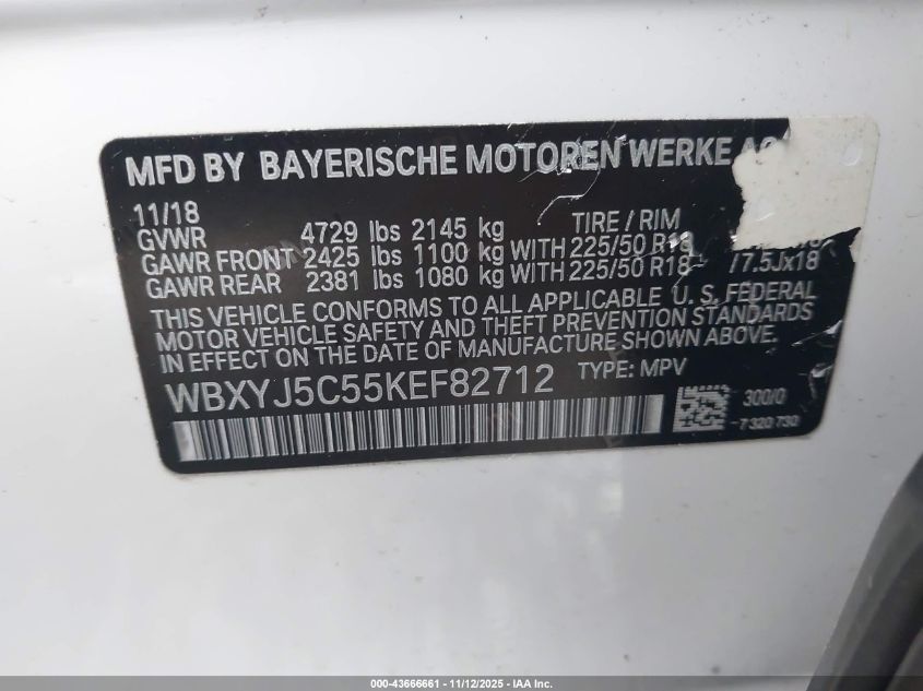 2019 BMW X2 xDrive28I VIN: WBXYJ5C55KEF82712 Lot: 43666661