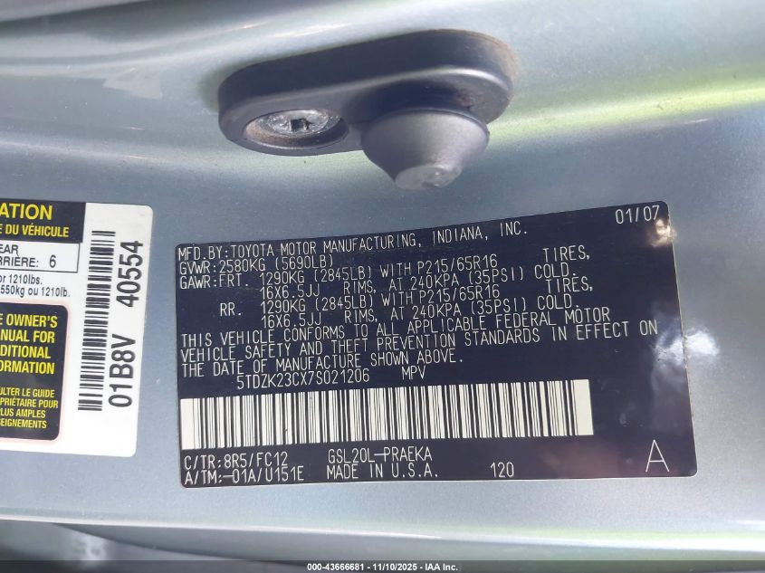 2007 Toyota Sienna Le VIN: 5TDZK23CX7S021206 Lot: 43666681