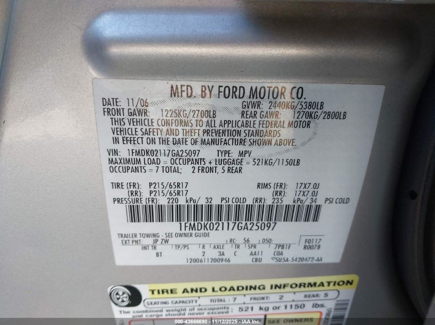 2007 Ford Freestyle Sel VIN: 1FMDK02117GA25097 Lot: 43666690