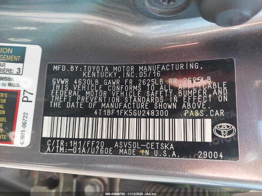 2016 Toyota Camry Se VIN: 4T1BF1FK5GU248300 Lot: 43666708