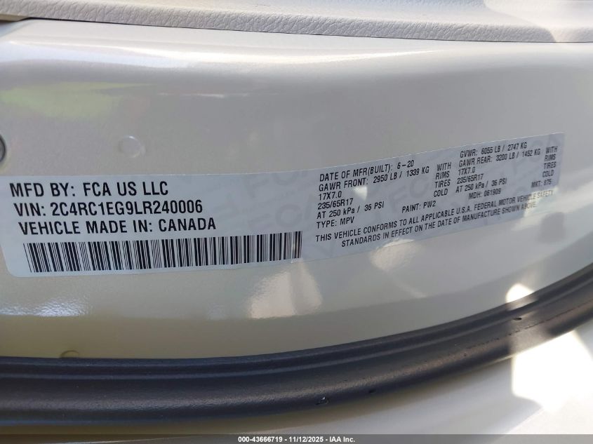 2020 Chrysler Pacifica Touring L Plus VIN: 2C4RC1EG9LR240006 Lot: 43666719