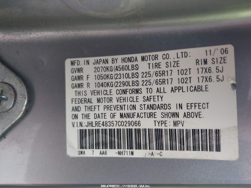2007 Honda Cr-V Lx VIN: JHLRE48357C029066 Lot: 43666721