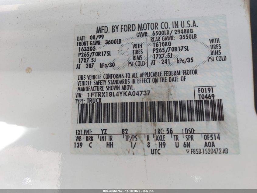 2000 Ford F-150 Lariat/Work Series/Xl/Xlt VIN: 1FTRX18L4YKA04737 Lot: 43666752