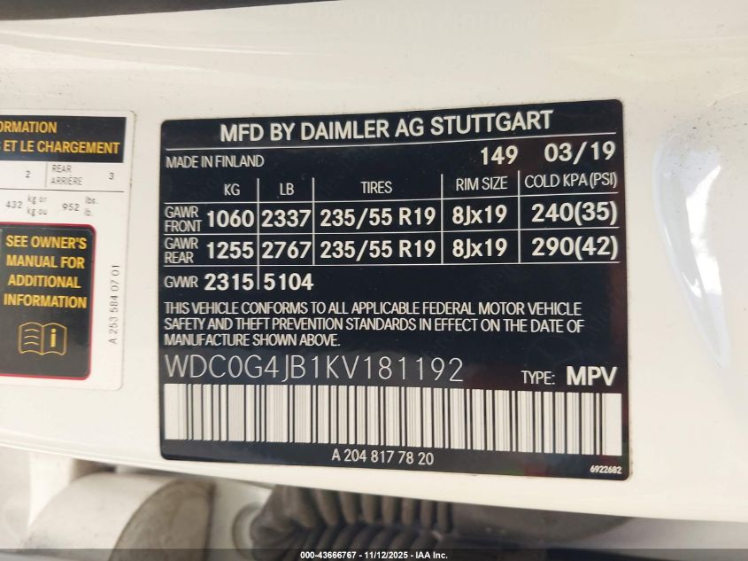 2019 Mercedes-Benz Glc 300 VIN: WDC0G4JB1KV181192 Lot: 43666767