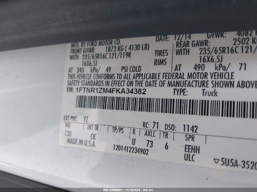 2015 Ford Transit-250 VIN: 1FTNR1ZM4FKA34382 Lot: 43666801