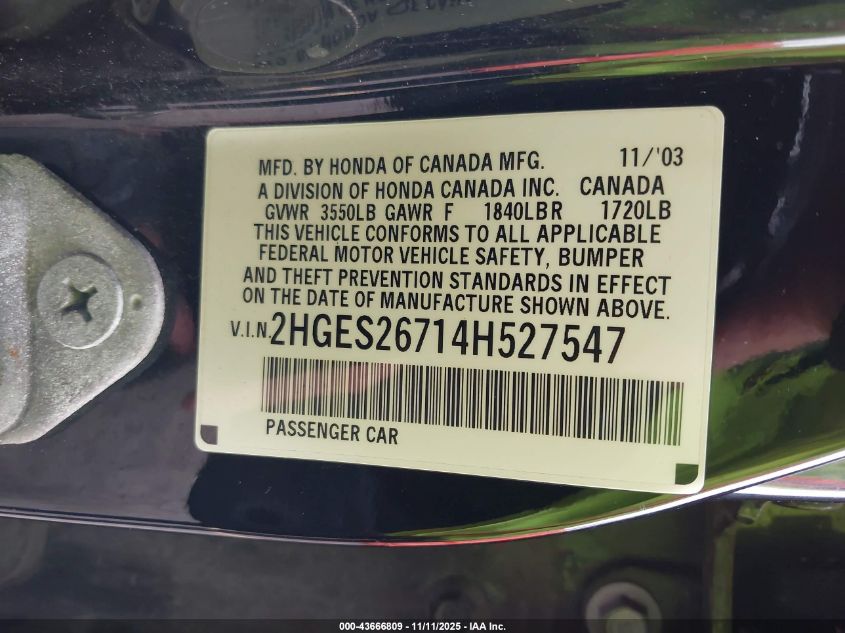 2004 Honda Civic Ex VIN: 2HGES26714H527547 Lot: 43666809