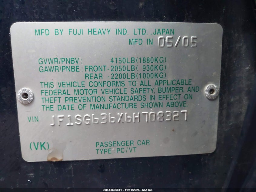 2006 Subaru Forester 2.5X VIN: JF1SG636X6H708327 Lot: 43666811