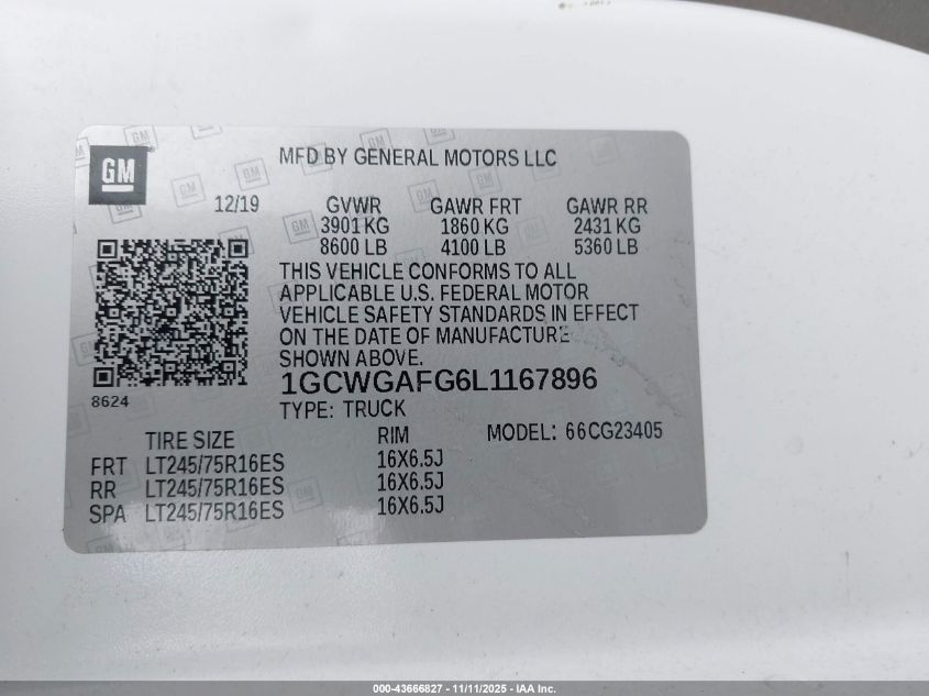 2020 Chevrolet Express Cargo Rwd 2500 Regular Wheelbase Wt VIN: 1GCWGAFG6L1167896 Lot: 43666827