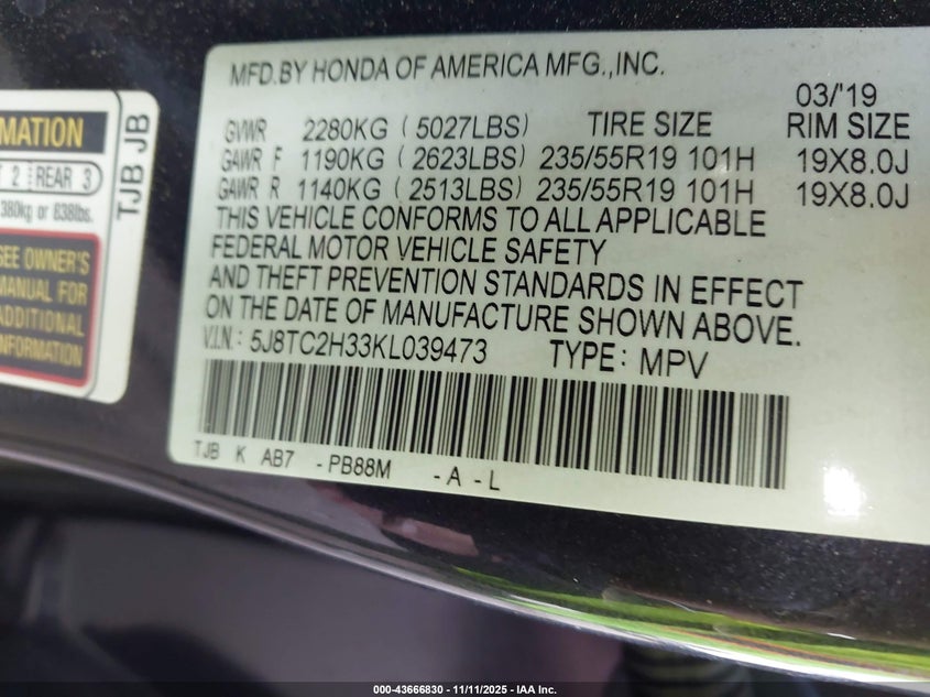 2019 Acura Rdx Standard VIN: 5J8TC2H33KL039473 Lot: 43666830