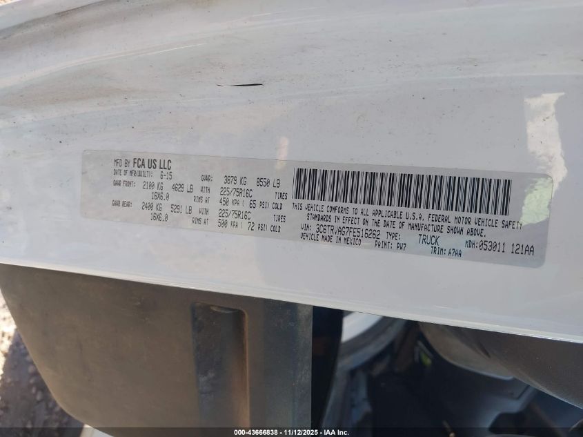 2015 Ram Promaster 1500 Low Roof VIN: 3C6TRVAG7FE516262 Lot: 43666838