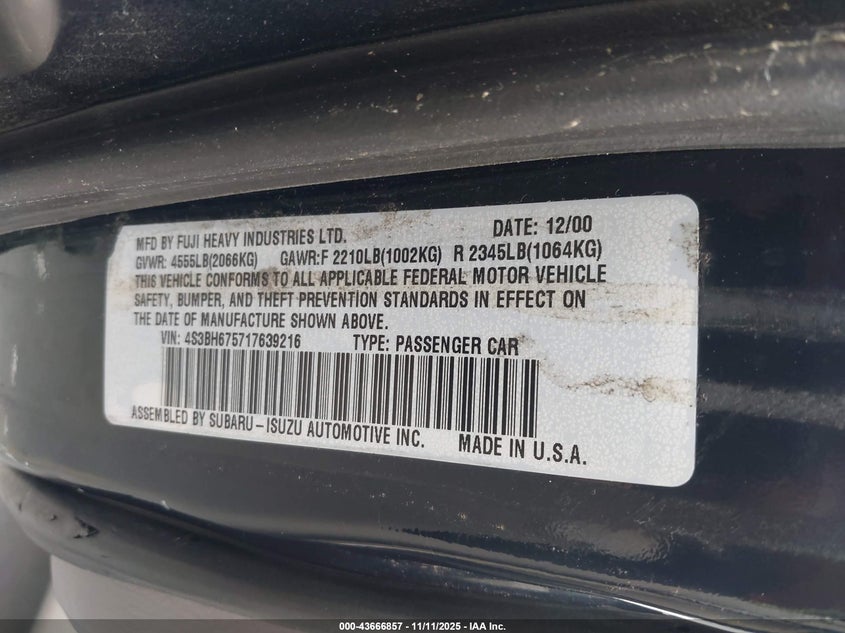 4S3BH675717639216 2001 SUBARU OUTBACK photo no. 9