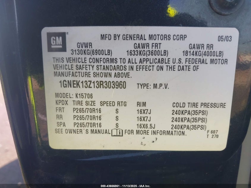 2003 Chevrolet Tahoe Ls VIN: 1GNEK13Z13R303960 Lot: 43666861