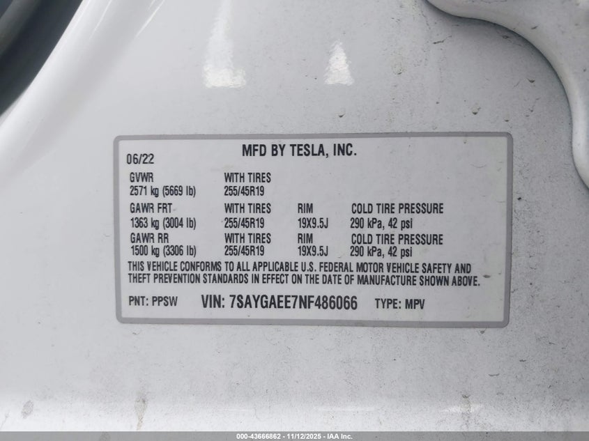 7SAYGAEE7NF486066 2022 TESLA MODEL Y photo no. 9