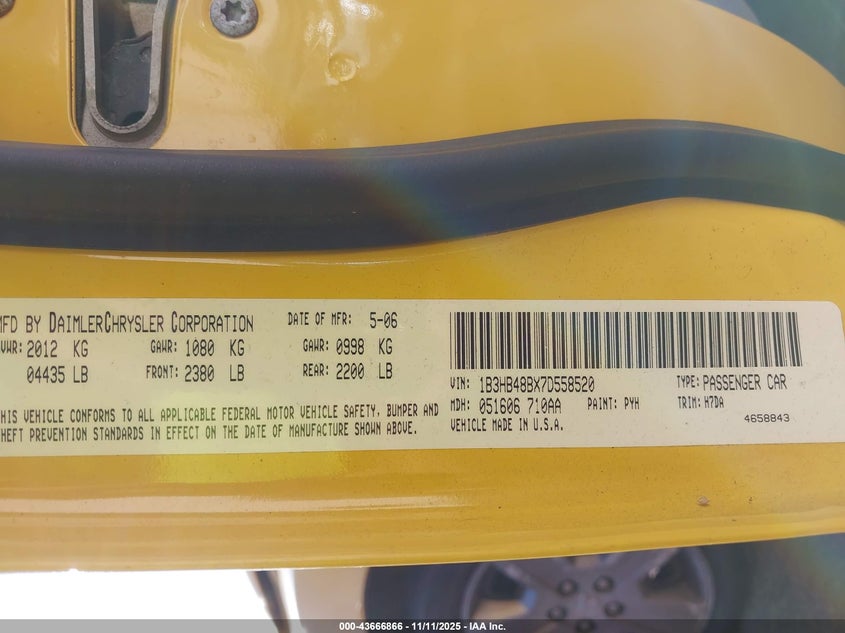 2007 Dodge Caliber Sxt VIN: 1B3HB48BX7D558520 Lot: 43666866