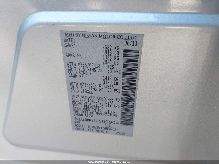 2014 Infiniti Qx60 VIN: 5N1AL0MM8EC500904 Lot: 43666868