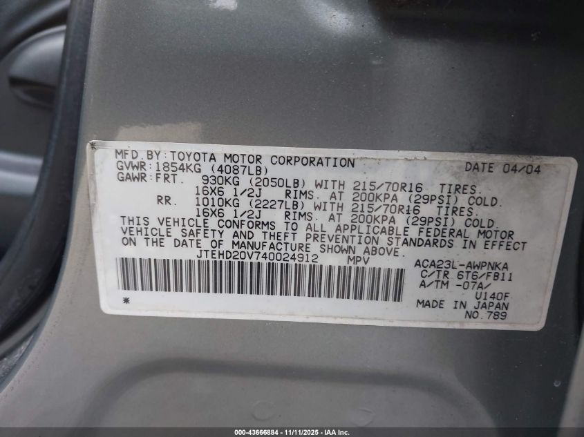 2004 Toyota Rav4 VIN: JTEHD20V740024912 Lot: 43666884