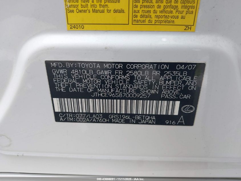 2007 Lexus Gs 350 VIN: JTHCE96S870009257 Lot: 43666891