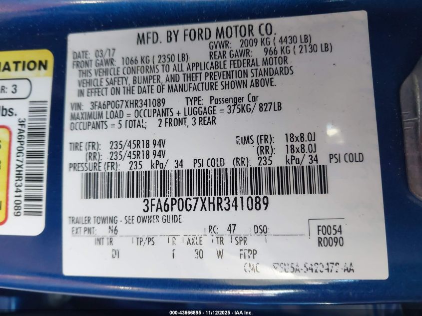 2017 Ford Fusion S VIN: 3FA6P0G7XHR341089 Lot: 43666895