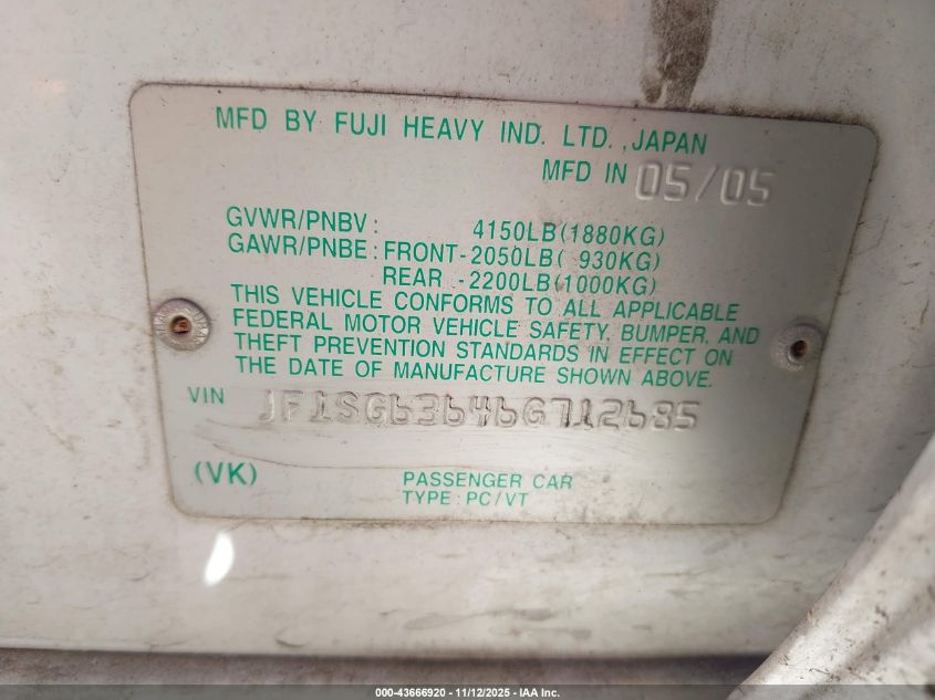 2006 Subaru Forester 2.5X VIN: JF1SG63646G712685 Lot: 43666920