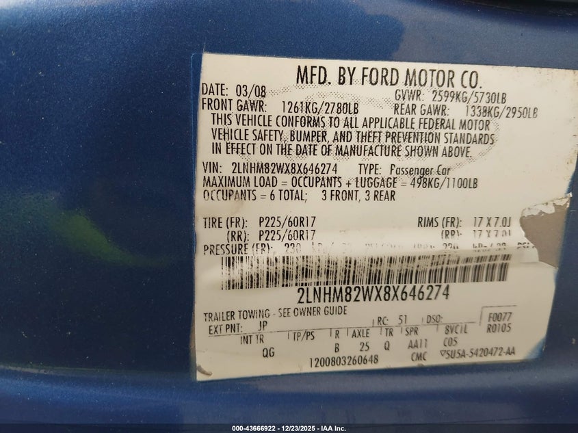 2008 Lincoln Town Car Signature Limited VIN: 2LNHM82WX8X646274 Lot: 43666922