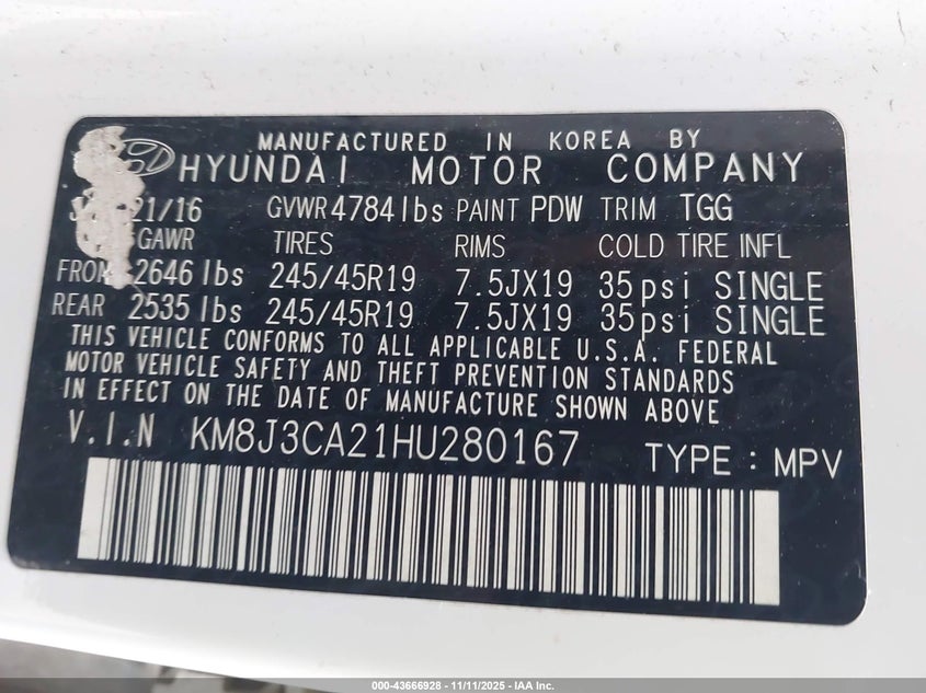 KM8J3CA21HU280167 2017 HYUNDAI TUCSON photo no. 9
