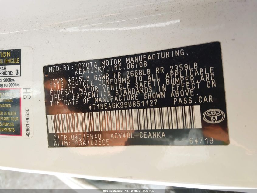 2009 Toyota Camry Le VIN: 4T1BE46K99U851127 Lot: 43666932