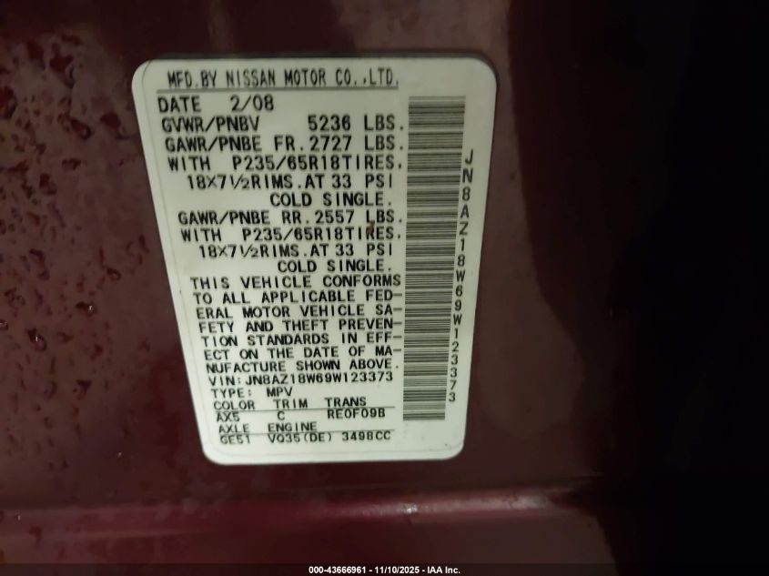 2009 Nissan Murano Sl VIN: JN8AZ18W69W123373 Lot: 43666961