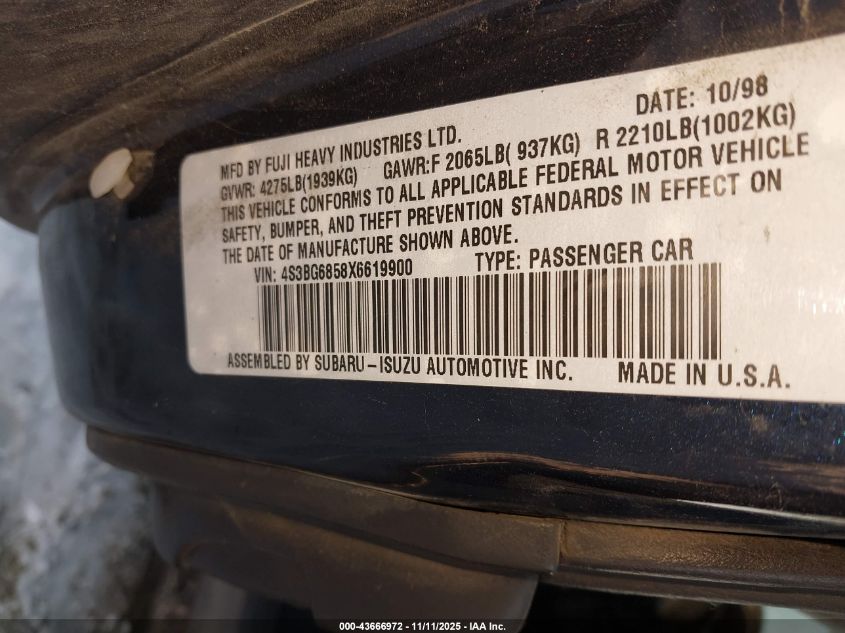 1999 Subaru Legacy 30Th Ann. Outback Ltd./Outback VIN: 4S3BG6858X6619900 Lot: 43666972