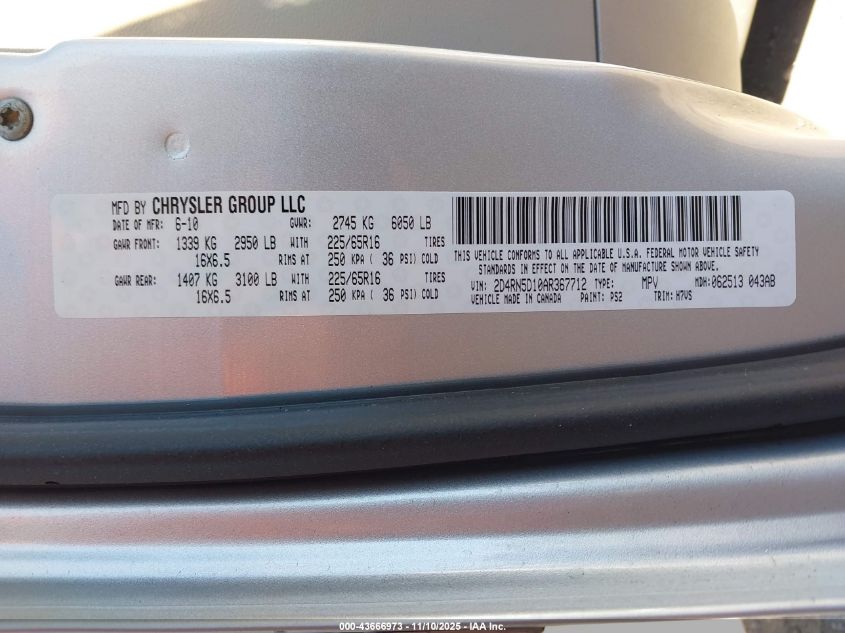 2010 Dodge Grand Caravan Sxt VIN: 2D4RN5D10AR367712 Lot: 43666973