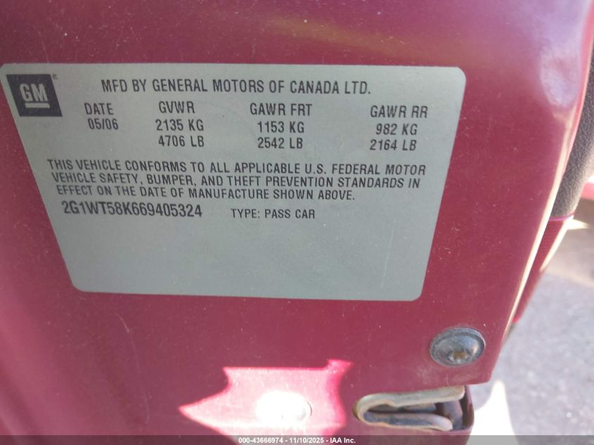 2006 Chevrolet Impala Lt VIN: 2G1WT58K669405324 Lot: 43666974