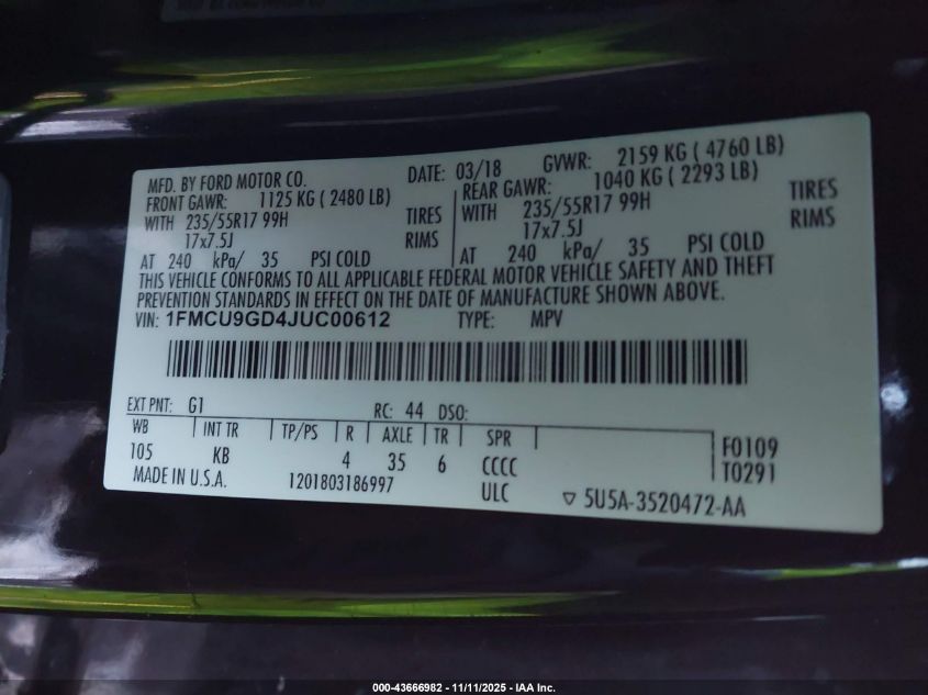 2018 Ford Escape Se VIN: 1FMCU9GD4JUC00612 Lot: 43666982