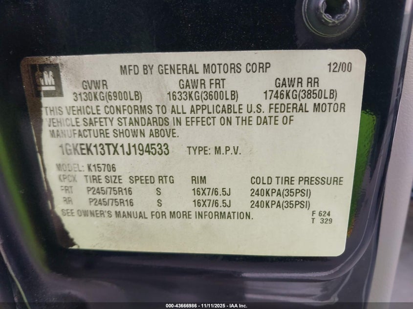 2001 GMC Yukon Slt VIN: 1GKEK13TX1J194533 Lot: 43666986