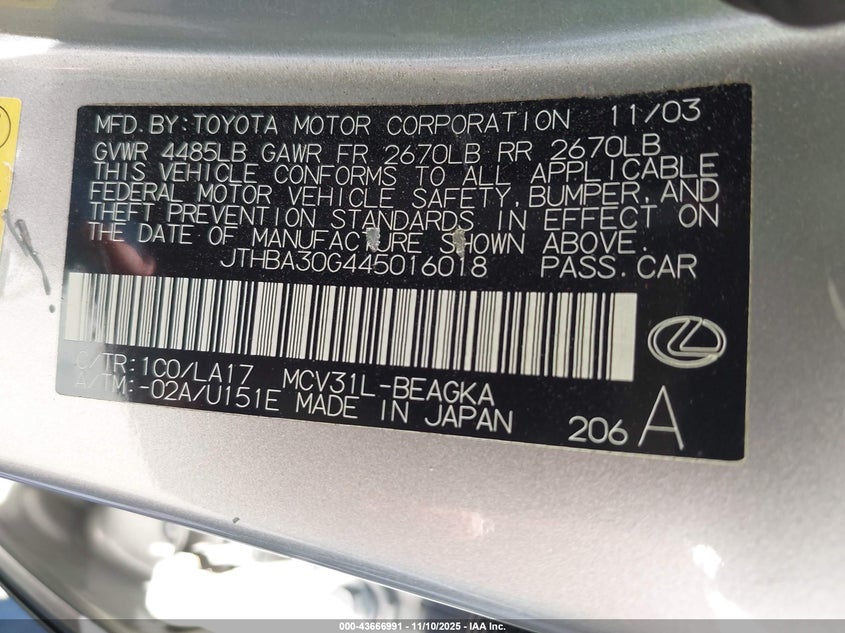 JTHBA30G445016018 2004 LEXUS ES photo no. 9