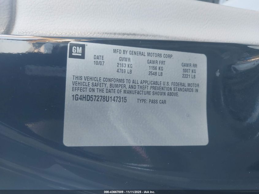 2008 Buick Lucerne Cxl VIN: 1G4HD57278U147315 Lot: 43667009