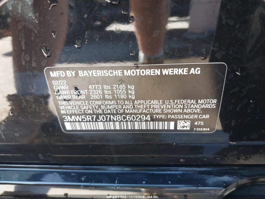 2022 BMW 330I xDrive VIN: 3MW5R7J07N8C60294 Lot: 43667010