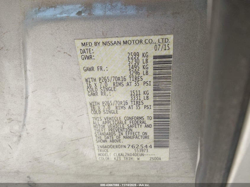 2015 NISSAN FRONTIER SV 1N6AD0ER0FN762544