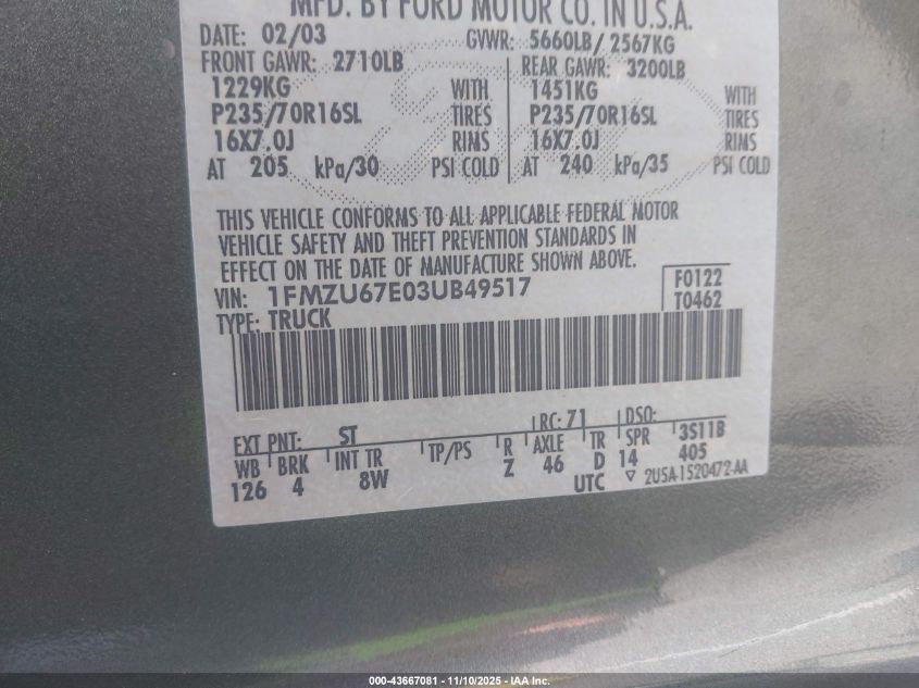 2003 Ford Explorer Sport Trac Xls/Xlt VIN: 1FMZU67E03UB49517 Lot: 43667081