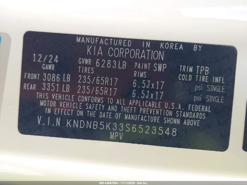 2025 Kia Carnival Mpv Lxs VIN: KNDNB5K33S6523548 Lot: 43667094