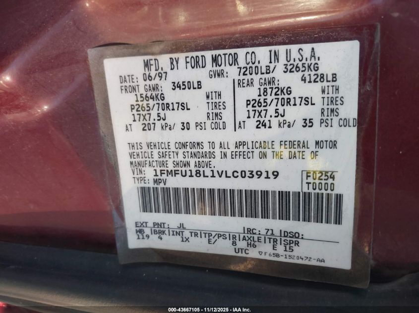 1997 Ford Expedition Eddie Bauer/Xlt VIN: 1FMFU18L1VLC03919 Lot: 43667105